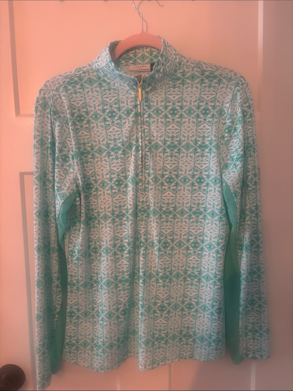 Cabana Life Mint and White Patterned Zip-Up Top